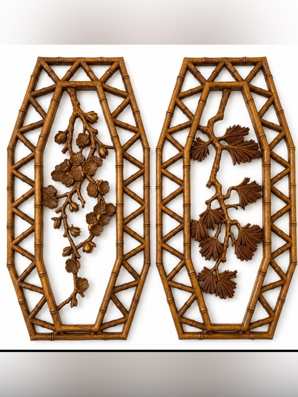 Vintage MCM Bamboo Wall Plaques Floral Mid Century Decor Wall Hanging Set of 2